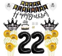 Daimay 22nd Birthday Party Decorations Gold Black Happy Birthday Banner Flag Latex Confetti Balloons Number 22 Foil Balloon Crown Mylar Balloons Cake Topper for Men Women Anniversary Party Supplies
