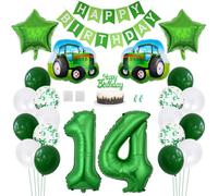 Daimay 23PCS Farm Green Tractor Birthday Decorations Tractor Party Supplies 14th Happy Birthday Banner Farm Barn Tractor Balloon Green Number Foil Balloon Cake Toppers for Girls Boys Kids Baby Shower