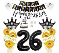 Daimay 26th Birthday Party Decorations Gold Black Happy Birthday Banner Flag Latex Confetti Balloons Number 26 Foil Balloon Crown Mylar Balloons Cake Topper for Men Women Anniversary Party Supplies