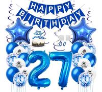 Daimay 27th Birthday Party Decorations Blue Happy Birthday Banner Flag Latex Confetti Balloons Number 27 Foil Balloon Star Mylar Balloons Cake Topper for Men Women Anniversary Party Supplies
