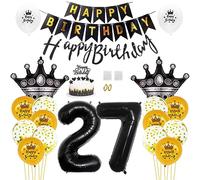 Daimay 27th Birthday Party Decorations Gold Black Happy Birthday Banner Flag Latex Confetti Balloons Number 27 Foil Balloon Crown Mylar Balloons Cake Topper for Men Women Anniversary Party Supplies