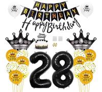 Daimay 28th Birthday Party Decorations Gold Black Happy Birthday Banner Flag Latex Confetti Balloons Number 28 Foil Balloon Crown Mylar Balloons Cake Topper for Men Women Anniversary Party Supplies