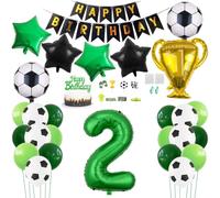 Daimay 29PCS Football Birthday Party Decoration Sports Theme Football Party Supplie Champion Trophy Foil Balloon 2nd Happy Birthday Banner Green White Black Soccer Balloons Cake Topper for Teen Fans