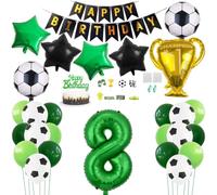 Daimay 29PCS Football Birthday Party Decoration Sports Theme Football Party Supplie Champion Trophy Foil Balloon 8th Happy Birthday Banner Green White Black Soccer Balloons Cake Topper for Teen Fans
