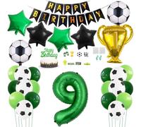 Daimay 29PCS Football Birthday Party Decoration Sports Theme Football Party Supplie Champion Trophy Foil Balloon 9th Happy Birthday Banner Green White Black Soccer Balloons Cake Topper for Teen Fans