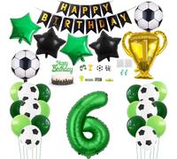Daimay 29PCS Football Birthday Party Decoration Sports Theme Football Party Supplie Champion Trophy Foil Balloon 6th Happy Birthday Banner Green White Black Soccer Balloons Cake Topper for Teen Fans