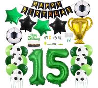 Daimay 29PCS Football Birthday Party Decoration Sports Theme Football Party Supplie Champion Trophy Foil Balloon 15th Happy Birthday Banner Green White Black Soccer Balloons Cake Topper for Teen Fans