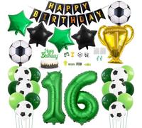 Daimay 29PCS Football Birthday Party Decoration Sports Theme Football Party Supplie Champion Trophy Foil Balloon 16th Happy Birthday Banner Green White Black Soccer Balloons Cake Topper for Teen Fans