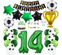 Daimay 29PCS Football Birthday Party Decoration Sports Theme Football Party Supplie Champion Trophy Foil Balloon 14th Happy Birthday Banner Green White Black Soccer Balloons Cake Topper for Teen Fans
