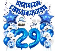 Daimay 29th Birthday Party Decorations Blue Happy Birthday Banner Flag Latex Confetti Balloons Number 29 Foil Balloon Star Mylar Balloons Cake Topper for Men Women Anniversary Party Supplies