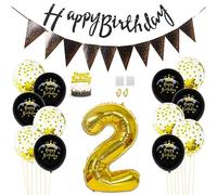 Daimay 2nd Birthday Party Decorations Gold Black Happy Birthday Latex Confetti Balloons Triangle Flag Banner Number 2 Foil Balloon Cake Topper for Men Women Anniversary Birthday Party Supplies