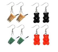 Daimay 4 Pairs Gummy Bear Earrings Set and Bubble Boba Tea Dangle Earrings Set Water Bottle Charm Earrings Acrylic Drink Bottle Dangle Drop Earrings Set Creative Unique for Women Girls