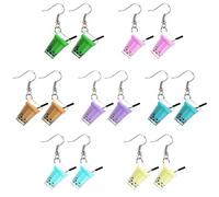 Daimay 7 Pairs Water Bottle Charm Earrings Water Bag Shape Acrylic Drink Bottle Dangle Drop Earrings Set Creative Unique Bubble Boba Tea Dangle Earrings Set for Women Girls