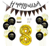 Daimay 8th Birthday Party Decorations Gold Black Happy Birthday Latex Confetti Balloons Triangle Flag Banner Number 8 Foil Balloon Cake Topper for Men Women Anniversary Birthday Party Supplies