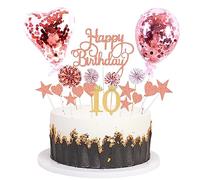 Daimay Pink Birthday Cake Topper Supplies Acrylic Glitter 10th Happy Birthday Cake Deco with Confetti Balloon Paper Fans Stars Firework Cupcake Toppers for Baby Shower Birthday Party - Rose Gold 10