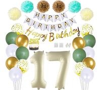 Daimay Sage Green 17th Birthday Party Decoration White Happy Birthday Banner Cream Foil Number Balloons Olive Green Gold Confetti Balloons Mint Pom Poms Paper Fans Cake Topper for Birthday Baby Shower