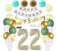 Daimay Sage Green 22nd Birthday Party Decoration White Happy Birthday Banner Cream Foil Number Balloons Olive Green Gold Confetti Balloons Mint Pom Poms Paper Fans Cake Topper for Birthday Baby Shower