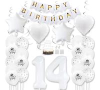 Daimay White 14th Birthday Party Decoration Gold White Happy Birthday Banner Pentagram Heart Foil Number Balloons Star Confetti Metallic Balloon Cake Topper for Birthday Décor