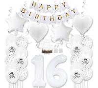 Daimay White 16th Birthday Party Decoration Gold White Happy Birthday Banner Pentagram Heart Foil Number Balloons Star Confetti Metallic Balloon Cake Topper for Birthday Décor