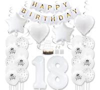 Daimay White 18th Birthday Party Decoration Gold White Happy Birthday Banner Pentagram Heart Foil Number Balloons Star Confetti Metallic Balloon Cake Topper for Birthday Décor