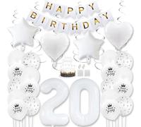 Daimay White 20th Birthday Party Decoration Gold White Happy Birthday Banner Pentagram Heart Foil Number Balloons Star Confetti Metallic Balloon Cake Topper for Birthday Décor