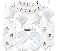 Daimay White 23rd Birthday Party Decoration Gold White Happy Birthday Banner Pentagram Heart Foil Number Balloons Star Confetti Metallic Balloon Cake Topper for Birthday Décor