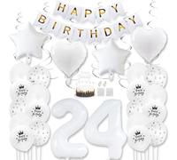 Daimay White 24th Birthday Party Decoration Gold White Happy Birthday Banner Pentagram Heart Foil Number Balloons Star Confetti Metallic Balloon Cake Topper for Birthday Décor