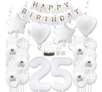 Daimay White 25th Birthday Party Decoration Gold White Happy Birthday Banner Pentagram Heart Foil Number Balloons Star Confetti Metallic Balloon Cake Topper for Birthday Décor