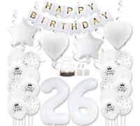 Daimay White 26th Birthday Party Decoration Gold White Happy Birthday Banner Pentagram Heart Foil Number Balloons Star Confetti Metallic Balloon Cake Topper for Birthday Décor
