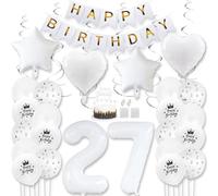 Daimay White 27th Birthday Party Decoration Gold White Happy Birthday Banner Pentagram Heart Foil Number Balloons Star Confetti Metallic Balloon Cake Topper for Birthday Décor