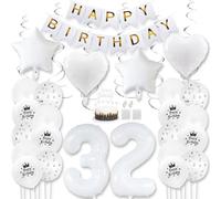 Daimay White 32nd Birthday Party Decoration Gold White Happy Birthday Banner Pentagram Heart Foil Number Balloons Star Confetti Metallic Balloon Cake Topper for Birthday Décor