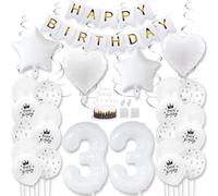 Daimay White 33rd Birthday Party Decoration Gold White Happy Birthday Banner Pentagram Heart Foil Number Balloons Star Confetti Metallic Balloon Cake Topper for Birthday Décor