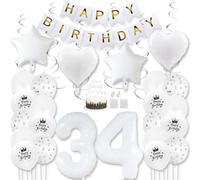 Daimay White 34th Birthday Party Decoration Gold White Happy Birthday Banner Pentagram Heart Foil Number Balloons Star Confetti Metallic Balloon Cake Topper for Birthday Décor