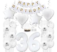 Daimay White 36th Birthday Party Decoration Gold White Happy Birthday Banner Pentagram Heart Foil Number Balloons Star Confetti Metallic Balloon Cake Topper for Birthday Décor