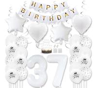 Daimay White 37th Birthday Party Decoration Gold White Happy Birthday Banner Pentagram Heart Foil Number Balloons Star Confetti Metallic Balloon Cake Topper for Birthday Décor