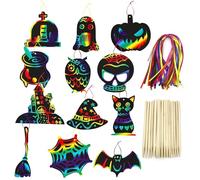 Daimeitec 40PCS Scratch Art Party Bags Fillers for Kids, Craft DIY Scratch Paper with 48 Colorful Ropes and 24pcs Wooden Stylus for Boys Girls Classroom Birthday Gifts (Halloween Scratch Paper Art)
