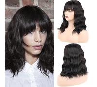 DaiMer Black Wavy Wigs with Bangs Women's Short Black Bob Wig Synthetic Natural Looking Shoulder Length Heat Resistant Fibre Hair for Daily Party Use (16 Inches) (#2)