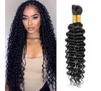 DaiMer Deep Wave Bulk Human Braiding Hair 16 inch 100g (1Pack-4PCS) 100 percent Human Hair for Braiding No Weft Natural Color Curly Hair Extensions for Boho Braids Wet and Wavy Braiding Hair