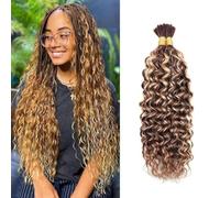 DaiMer Human Braiding Hair Water Wave Human Hair Bulk for Braiding No Weft 18 Inch 100g Water Wave Bulk Highlight Brown Human Hair Extensions for Boho Braids Wet and Wavy(#P4/27, 50gx2 bundles)