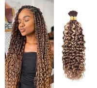 DaiMer Water Wave Bulk Human Braiding hair for Boho Braids 2 Bundles/Pack 100g No Weft 10A Brazilian Water Wave Bulk Highlight Brown Human Hair Extensions for Braids (4/27 Highlight Color, 26Inch)