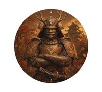 Daimyo Amber Autumn Crossed Arms Command Samurai Crest Metal Tin Sign Plaque Wall Decor for Cafe, Man Cave, Club Bar, Office, Home Garden Round Metal Poster 8x8Inch