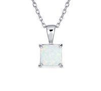 Dainty 4 Prong Set Solitaire Square Princess Cut White Created Opal Gemstone Pendant Necklace For Women Teens .925 Sterling Silver October Birthstone