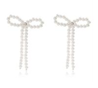 Dainty Bow Pearl Dangle Earrings for Women Created White Pearl Bow Dangling Drop Statement Earrings Exaggerate Large Bow Knot Tassel Studs Lightweight Simple Beaded Pearls Jewelry Gift for Engagement