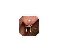 Dainty Bowknot Pearl Jacket Statement Earrings,Aesthetic Plated Gold Small Pearl Bow Ribbon Dangle Earrings,Trendy Bowknot Ear Accessories for Wedding (Gold)