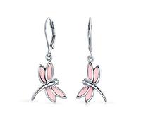 Dainty Butterfly Dragonfly Firefly Garden Iridescent Pink Mother of Pearl Shell Inlaid Drop Lever back Dangle Earrings For Women Teen .925 Sterling Silver