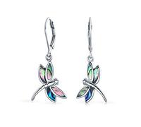 Dainty Butterfly Dragonfly Firefly Garden Rainbow Abalone Iridescent Shell Inlaid Drop Lever back Dangle Earrings For Women Teen .925 Sterling Silver