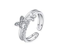 Dainty Butterfly Ring for Women Teen Girls Silver Double Butterfly Ring Adjustable Crystal Butterfly Ring