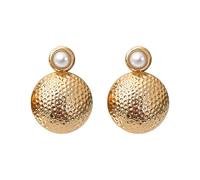 Dainty Circle Disc Hammered Texture Statement Dangle Drop Earrings for Women Vintage Gold-tone Geometric Dangling Round Imitation Pearl Stud Fashion Trendy Jewelry for Party Her