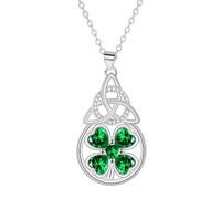 Dainty Clover & Celtic Knot Necklace for Women - Silver Plated Teardrop Pendant with Green CZ Crystals, Adjustable 45+5cm Chain, Irish Shamrock Lucky Charm Jewellery Gift