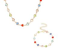 Dainty Colorful Rhinestone Hearts Beaded Choker Necklace Bracelet Set for Women Trendy Multicolor Love Sparkly Crystal Rainbow Chain Necklaces Sweet Party Prom Neck Jewelry Statement Summer Beach
